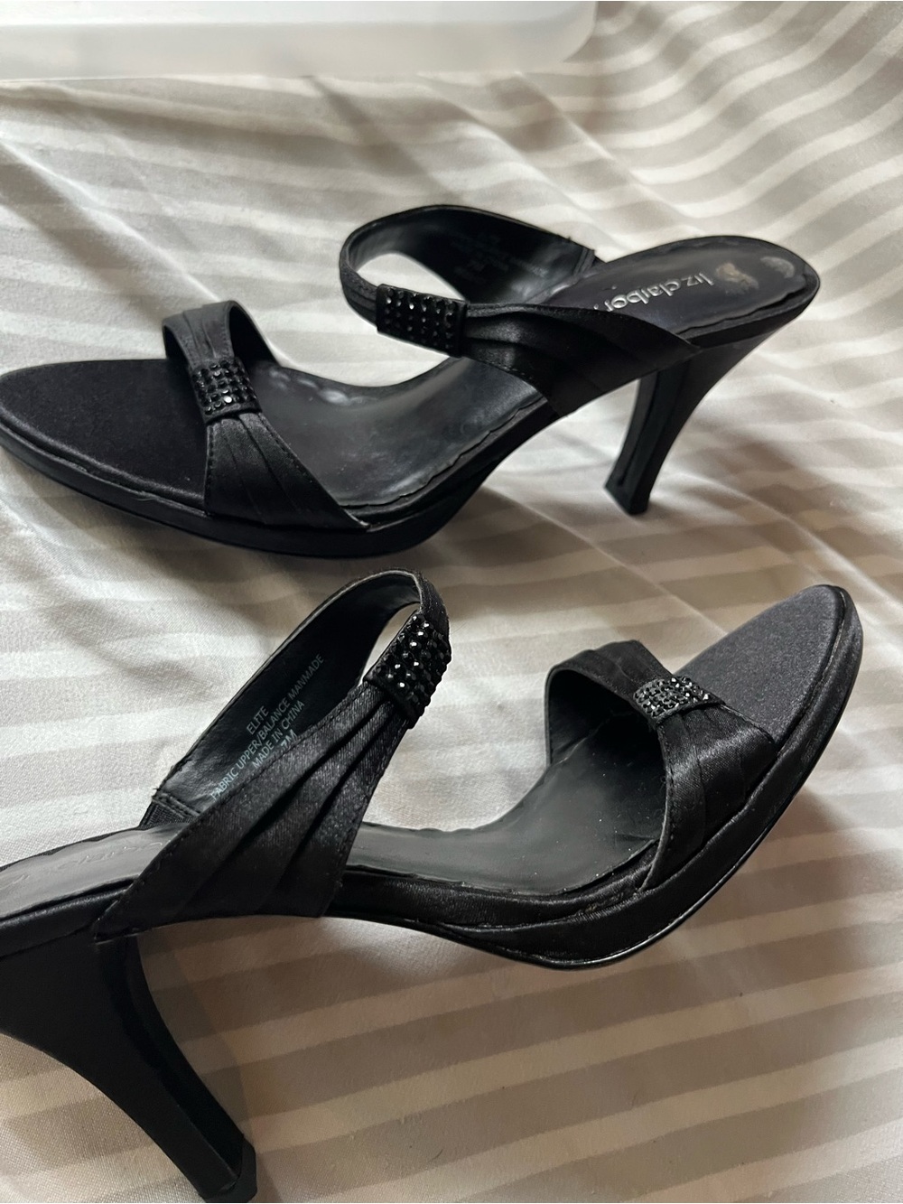 Liz Claiborne Black Satin Heeled Slide Sandals with Black Rhinestone Accents
